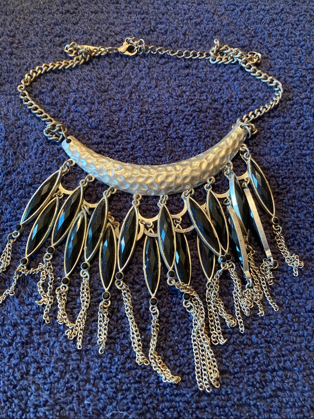 Statement Women's Silver Tone Necklace with Black Faceted Accents